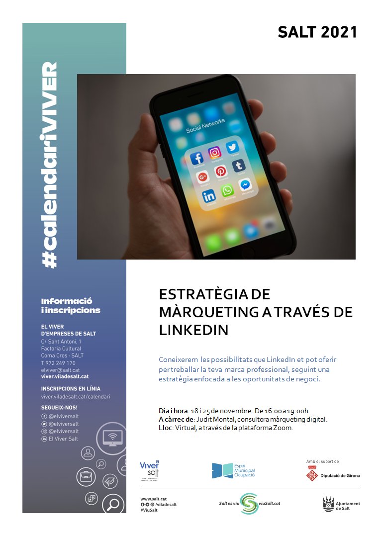 📢No us perdeu la formació de #ElViverSalt 'Estratègies de Màrqueting a través de Linkedin' !

🔗Coneixereu les possibilitats que LinkedIn ofereix per treballar la marca professional

🗓️18 i 25 novembre
⌚️16h a 19h 
📍En línia

ℹ️ i ✍️viver.viladesalt.cat/calendari/

#Salt #EMOdeSalt