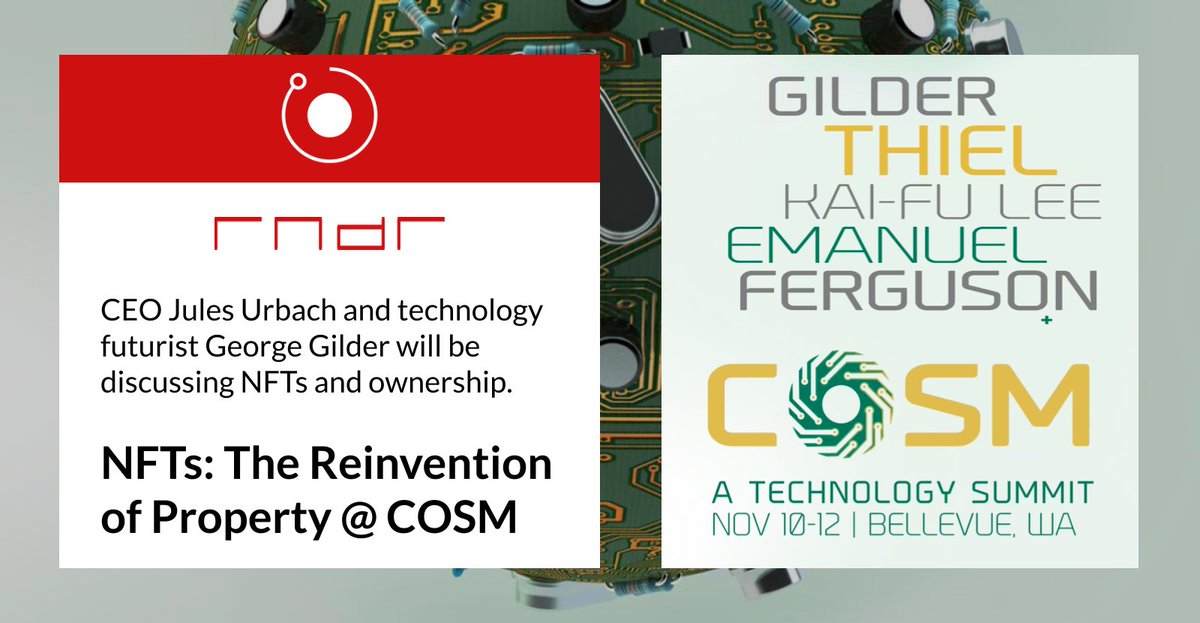 rendernetwork's tweet photo. $RNDR CEO @JulesUrbach and technology futurist George Gilder will be discussing #NFTs and ownership at the #COSM2021 tech summit tomorrow 11/10 at 2pm.

https://t.co/uRKG4XPNsJ

COSM is an exclusive national summit on the converging technologies remaking the world as we know it. https://t.co/6Mwn7m0Mvg
