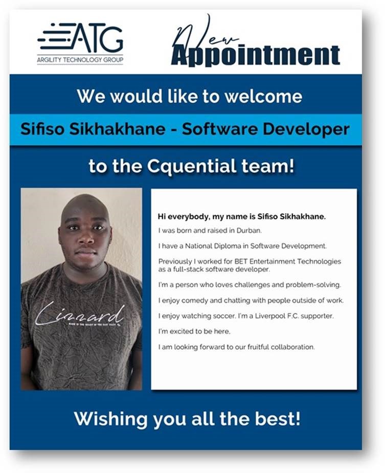 CquentialWMS's tweet photo. We are pleased to announce that our team is growing!
Welcome to the @CquentialWMS team, Sifiso. You’re going to be a valuable asset to our company and we can’t wait to see all that you accomplish.
#CQuential #Grow #Expertise #Knowledge #Welcome #SoftwareDeveloper #team https://t.co/tc4pICZB7c