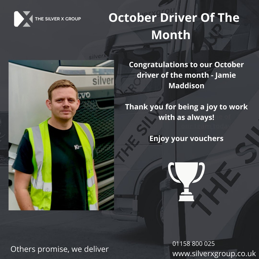 TheSilverXGroup's tweet photo. Congratulations to our October Driver of The Month – Jamie Maddison
Thank you for being such a nice guy and a pleasure to work with 🏆
#silverxgroup #logistics #driverofthemonth #drivercompetition https://t.co/d868uqgvDE