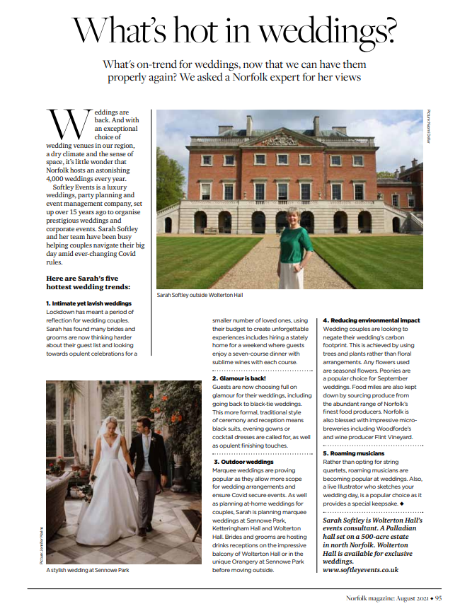 ReflectionPR's tweet image. Great to secure this feature on wedding trends for our client @softleyevents in @NorfolkMagazine featuring fantastic insights from Sarah Softley. Article reproduced with permission of Archant. 
#luxuryweddingplanner #luxuryweddings #weddingtrends #northnorfolk #norfolkweddings