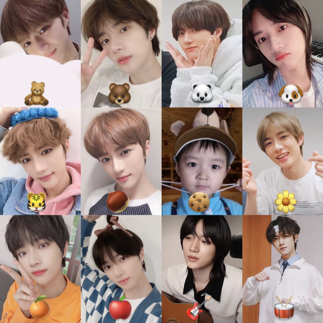 🧸< 이거범규 
🐻< 이것도 범규
🐻‍❄️< 이거 흰색 뽀글이 입었을 때 범규
🐶< 강아지 범규 
🐯< 데뷔 초 범규 
🌰< 이거밤규 
🍪< 어릴 적 범규
🌼< 이거 민들레 범규
🍊< 이거낑깡범규
🍎< 이거 두 유 라잌 애뽈 범규 
🎸< 이거 기타치는 범규
🥁< 이거 드라마 북치는 곰도리 범규