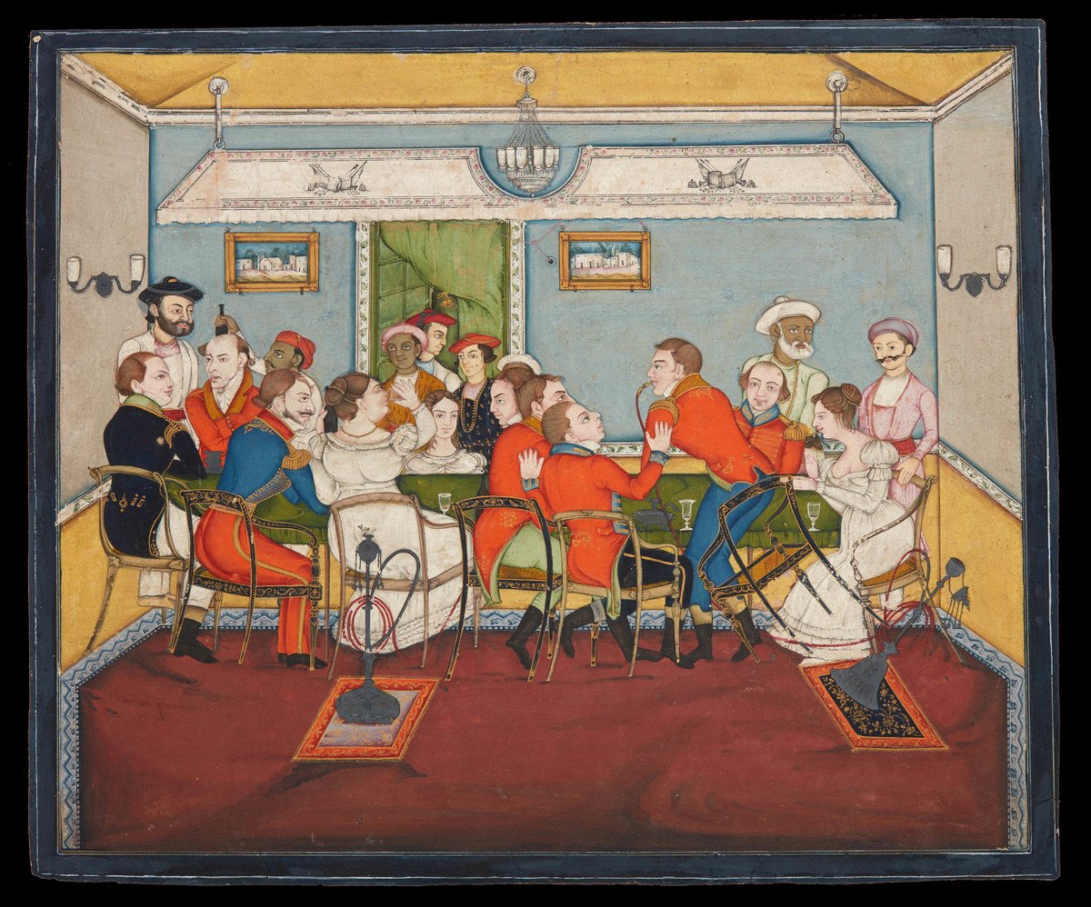 ssharadmohhan's tweet photo. From #DavidCollection 'A Company of Englishmen' with clumsy Tom Raw overturning a #Huqqa during a dinner, c1830 #Patna #Bihar by an Indian artist based on a work by #EastIndiaCompany officer Charles D'Oyly, founder of arts society 'Bihar School of Athens'
@ranjona @DalrympleWill https://t.co/WN4j809PgO