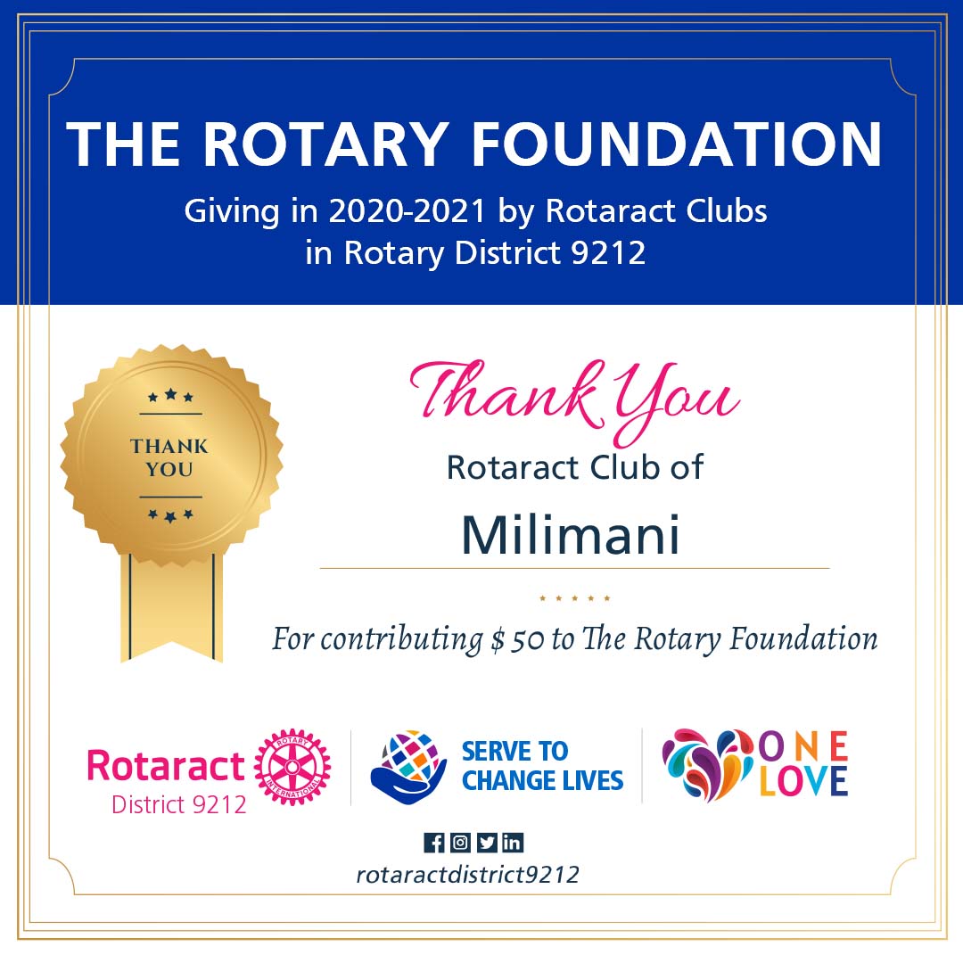 The Largest Donor Rotaract Clubs in District 9212 2020-21
The Rotary Foundation

We celebrate every Rotaractor and every Rotaract Club that donates to TRF. In 2020-21, members in some 14 Rotaract Clubs donated more than $50 to TRF per club.