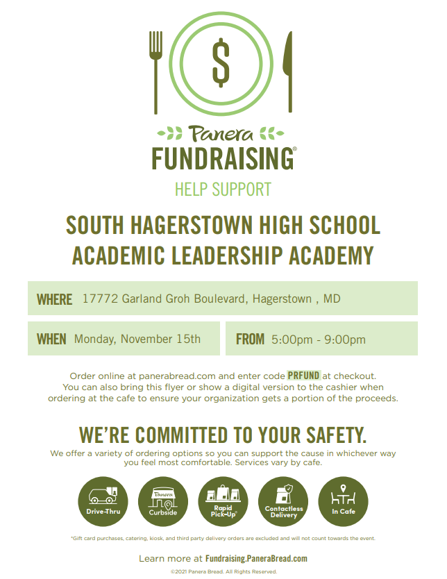 RebelCasts's tweet photo. Join the Academic Leadership Academy (@SHHSALA) for dinner at Garland Groh Blvd Panera Bread on Monday, November 15 between 5pm and 9pm! Show this flyer to the cashier or use the code at the bottom when ordering online! All funds will go towards senior scholarships! https://t.co/SfVKaiNIwM