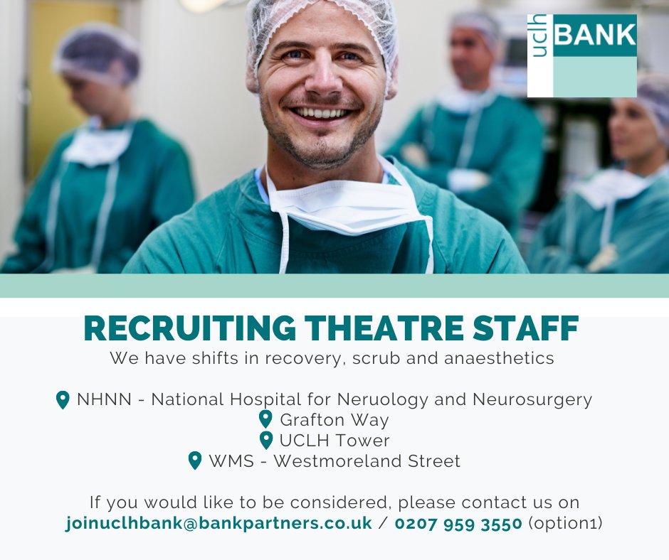 We have theatre shifts available across all sites <a href="/uclh/">UCLH</a> both ad-hoc and as a line of work. Shifts are available to book now! If you'd like to know more please email the team at uclhnursebank@bankpartners.co.uk or call 02079593550. 

#LoveYourBank