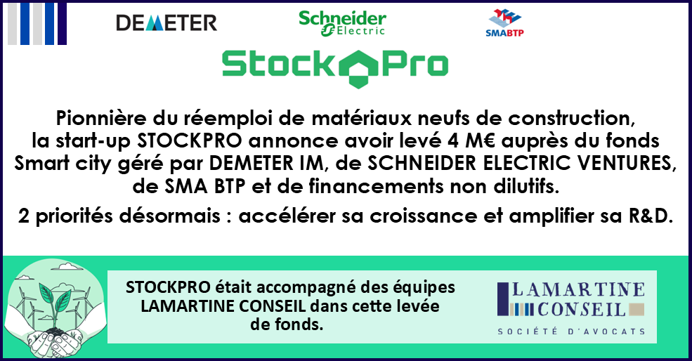 LC_avocats's tweet photo. [Deal] @FranceStockpro annonce une levée de fonds de 4M€ et l’entrée de @Demeter_im, Schneider Electric et SMABTP à son capital. L'équipe LAMARTINE CONSEIL était aux côtés de StockPro dans cette opération.
👉 https://t.co/5qr4WeQt8v https://t.co/SqUTOXHhyO
