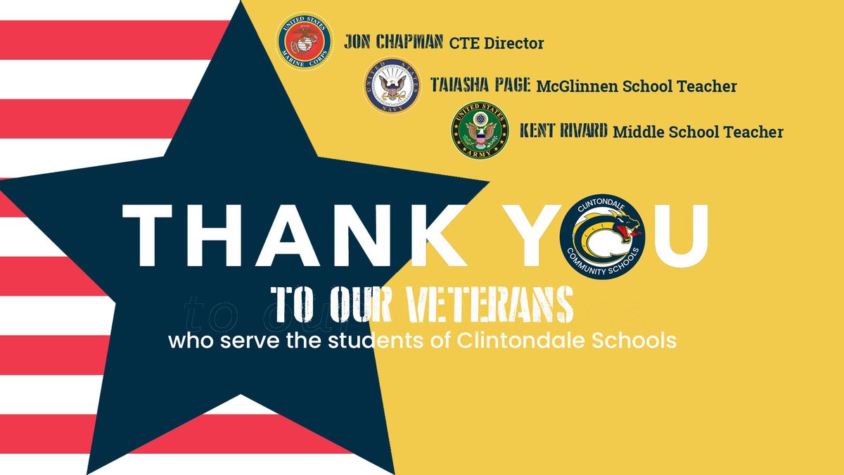 clintondalesch's tweet photo. On this Veterans Day, we thank our staffers and alumni who have served our nation and defended our freedom. For your service, your bravery, and your hard work, we thank you! Happy Veterans Day. #dragonfamily #clintondalecares https://t.co/3ramN7XObz