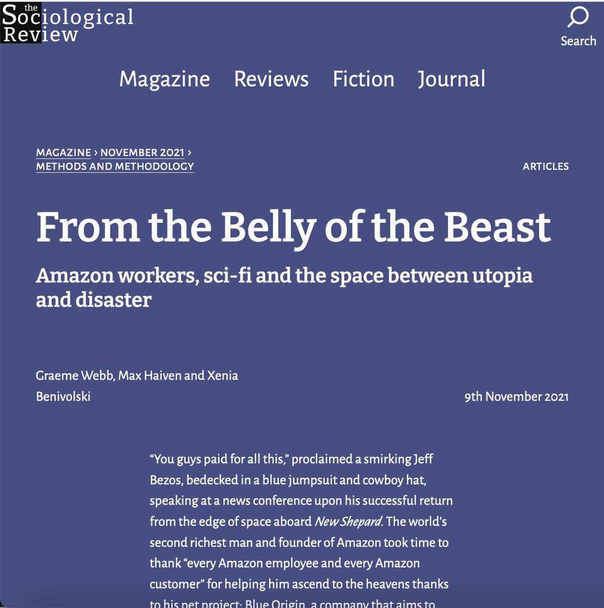 maxhaiven's tweet photo. 🚀+🎥+✊🏽+🧪=?
Graeme Webb, Xenia Benivolski and I are working on a new project inviting @m@zon workers to imagine different futures from the belly of the beast.
Some words in @TheSocReview magazine issue on #TSRMethodology: https://t.co/B0Gicl0kpH https://t.co/tSGVswsSRx