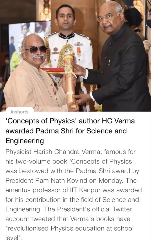 PriyankaJShukla's tweet photo. ‘Concepts of Physics’ author , emeritus professor of IIT Kanpur &amp; physicist Shri #HCVerma was bestowed with the Padma Shri for science &amp; engineering.

This news makes one so nostalgic😊
His Physics book has indeed been a blessing for PMT/JEE aspirants for so many years now. https://t.co/PN7WtxS9aD