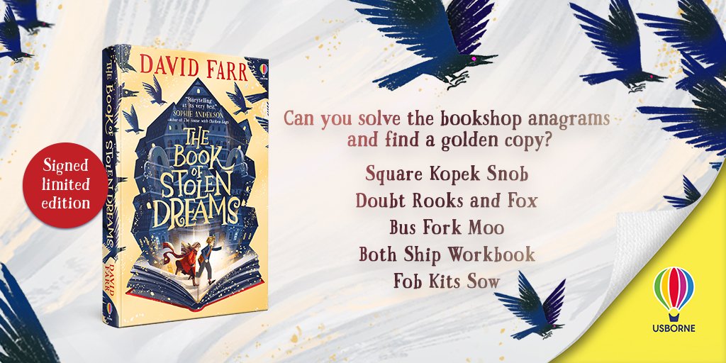 The hunt continues... 🔍

Can you find #TheBookofStolenDreams? These 5 anagrams = 5 locations stocking limited-edition, signed golden copies! 

Like + RT this tweet to WIN #2 (of 650 signed &amp; numbered limited editions) ✨ 

UK only. Ends 30/11.

<a href="/DavidFarrUK/">David Farr</a>