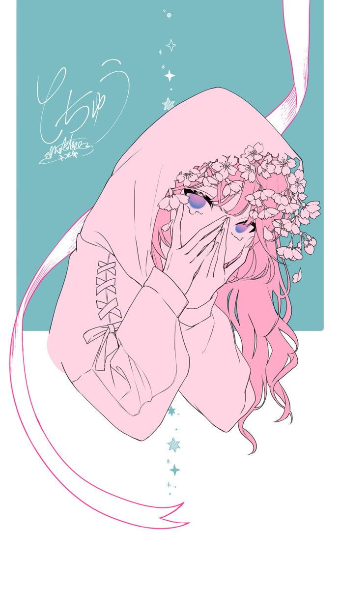 1girl solo hood signature pink flower pink hair long hair  illustration images