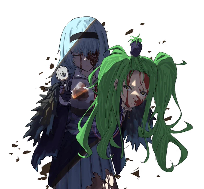 自前の光学センサーを破壊されたので転がってた同僚を接続して戦闘を続ける戦術人形のイラストです 