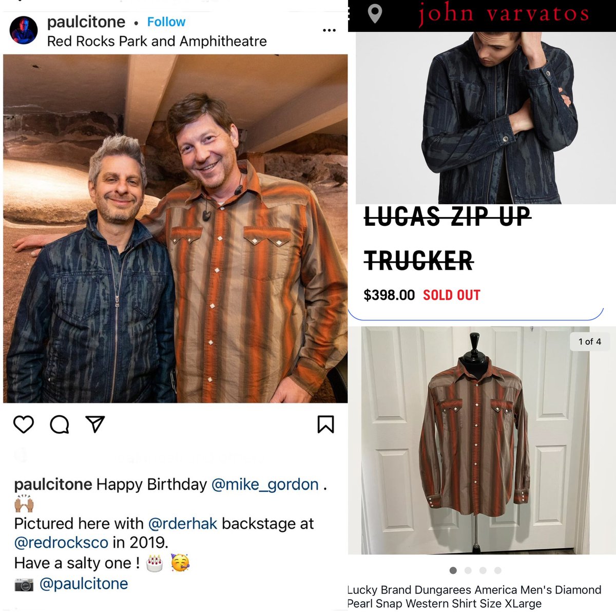 PhishPhashion's tweet photo. Smiles for miles.
Awesome pic of Gordo in โVatos + moeโs Rob Derhak in a very HTF Lucky western shirt (both way out of stock). Red Rocks, 6/3/19 (Mikeโs Bday).
Thanks to Paul Citone (@CitonePhoto) for capturing the moment.
#mikegordon #robderhak #moe #phish #phishphashion https://t.co/70yRhM1Ixd