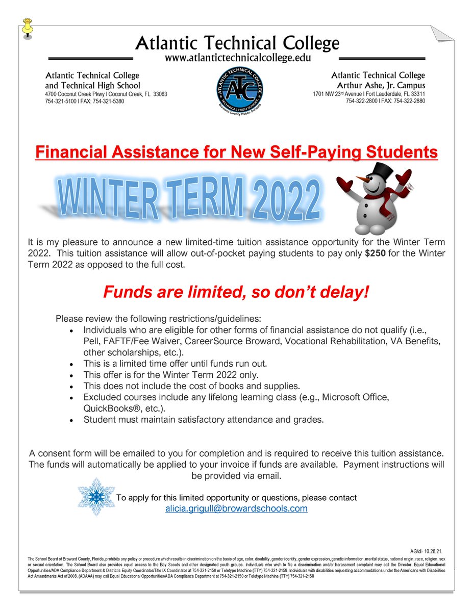 ATCTechCollege's tweet image. ATC is offering financial assistance for NEW self-paying students for the Winter Term 2022.  To apply for this limited opportunity or for questions, please  contact alicia.grigull@browardschools.com

#ATC #tuition #atlantictech #workforeceducation