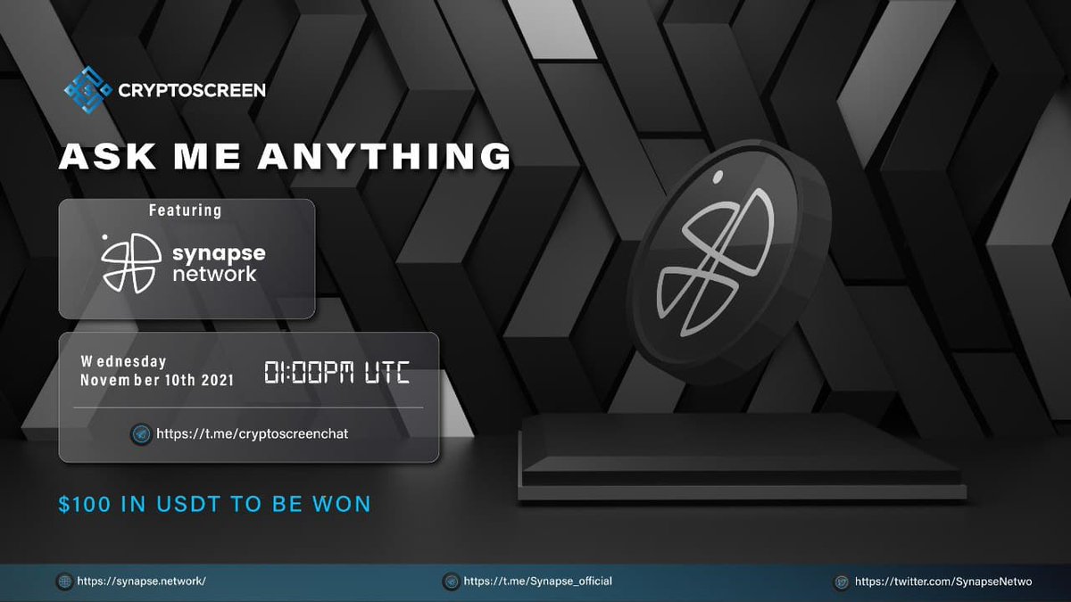 🎉 We are pleased to announce our next AMA with @Cryptoscreen_en!

📅 10th November 2021 at 01:00 PM UTC 

💸 $100 to be won for the best questions!

⛓️ AMA will be conducted in #CryptoScreen Telegram chat:
t.me/cryptoscreench…