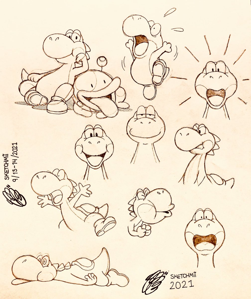 Made a bunch of doodles of the Green Dino himself, Yoshi, to