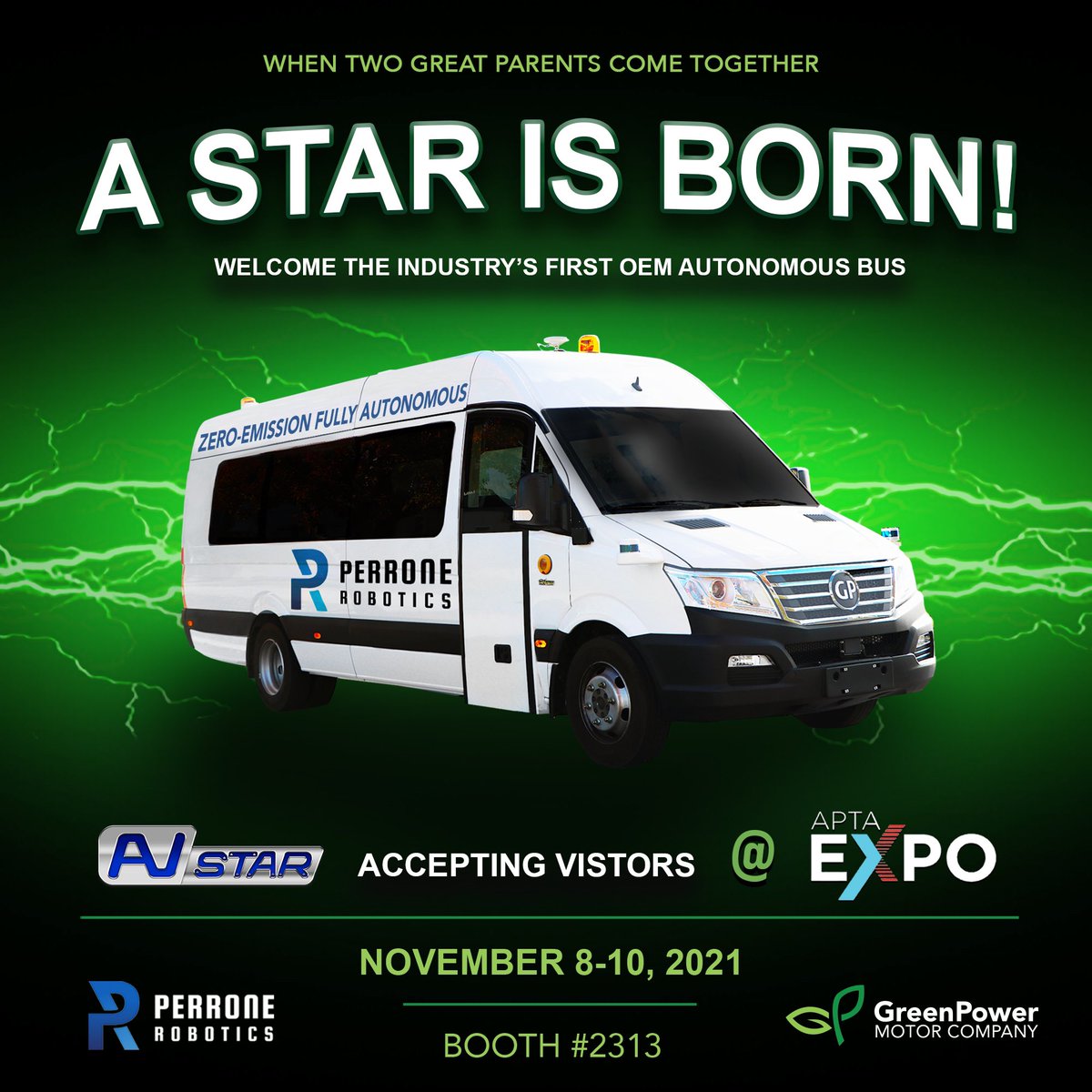 GreenPowerBus's tweet photo. History in the making as GreenPower Motor Company and Perrone Robotics launch its AVStar, the industry’s first OEM autonomous electric vehicle at APTA Expo in Orlando, Florida! #GreenPowerMotor #PerroneRobotics #ElectricVehicles #EVStar #AVStar https://t.co/E7O1gMapEj