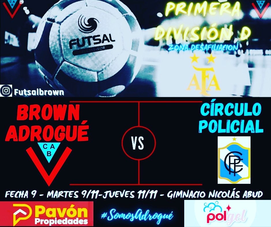 CAMPEONATO DE PRIMERA DIVISIÓN "D" FUTSAL 2021
ZONA DESAFILIACIÓN 
Fecha 9
⚽️Circulo Policial
🗓 Martes 09/11
8va. 19:30hs
7ma. 20:30 hs
6taa. 21:30 hs
~●~
🗓 Jueves 11/11
5ta. 20:45 hs
4ta. 19:30 hs
1ERA. 22:00 hs
🎫$300
🏟 Gimnasio Nicolás Abud(Cerreti  868, Adrogué