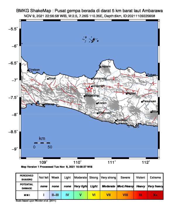 #Gempa Mag:2.5, 09-Nov-21 22:56:58 WIB, Lok:7.26 LS, 110.35 BT (Pusat gempa berada di darat 5 km barat laut Ambarawa), Kedlmn:6 Km Dirasakan (MMI) II Ambarawa, II Jambu, II Banyubiru, II Rosari, II Sumber, II Kaliputih #BMKG