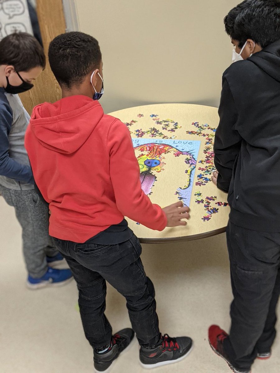 No internet? No problem! Puzzle day in Media Art! Learning teamwork, design, logic! Thank goodness for garage sales.