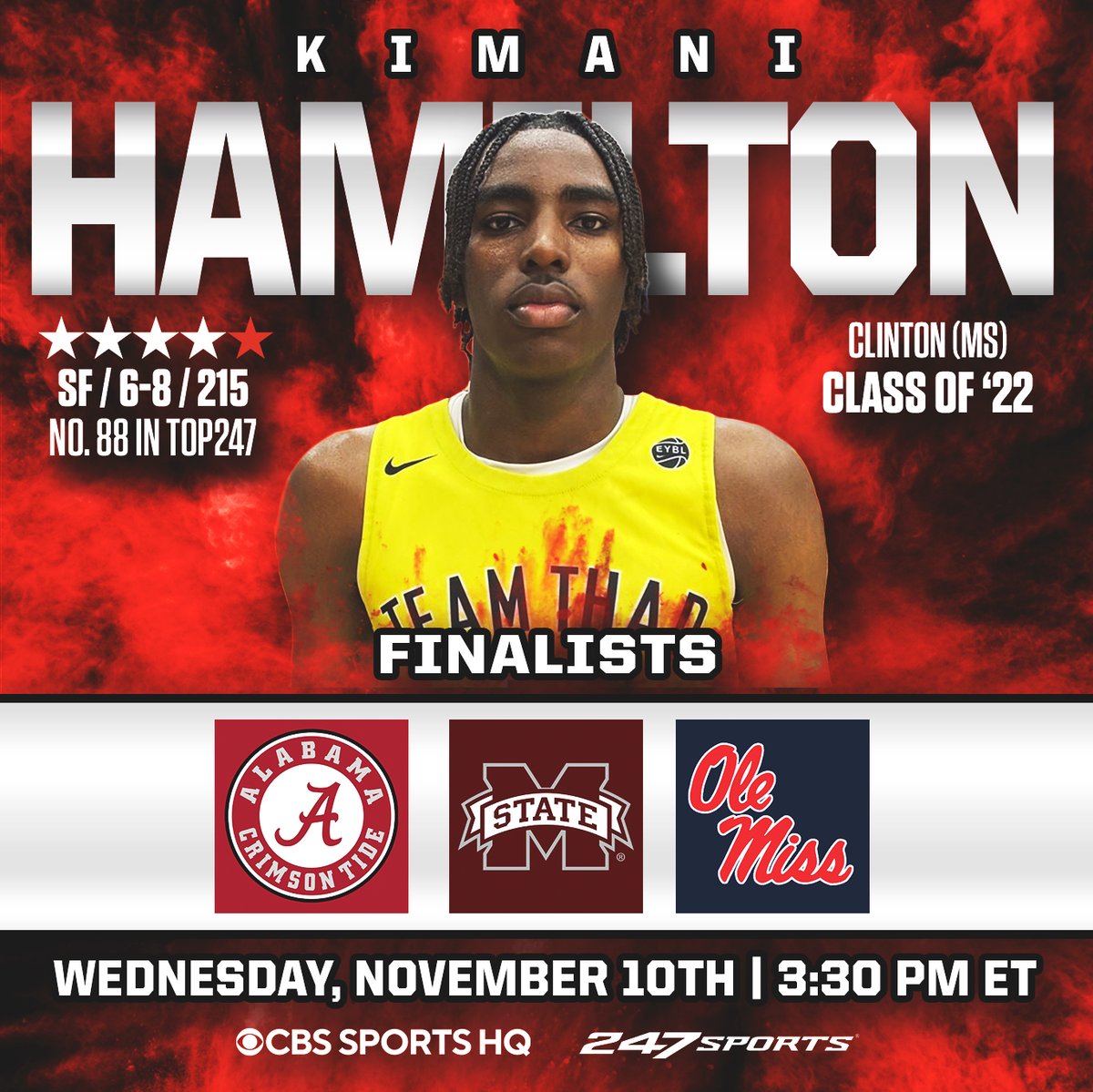 Kimani Hamilton, the No. 88 overall prospect in the 2022 class, broke down his three finalists ahead of his decision. Find out where the four-star will be headed on Wednesday, November 10th at 3:30 PM ET on @CBSSportsHQ. || Story: 247sports.com/Article/Kimani…