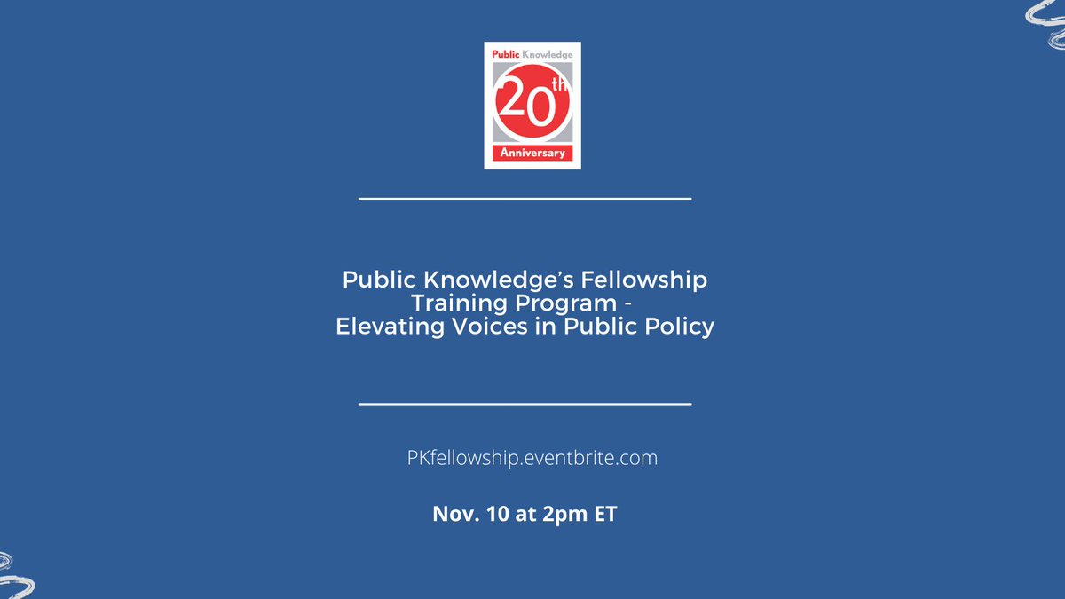 publicknowledge's tweet photo. What can you expect from a Fellowship at @publicknowledge? Tune in on 11/10 at 2pm ET to watch @ygetachew2, @PoliMusings, @DallasHarrisNV, and Chanelle Hardy discuss how it worked for them --> https://t.co/b2mDxVUtTJ. #20YearsOfPK #PKTrain https://t.co/OjKPC3uiw4