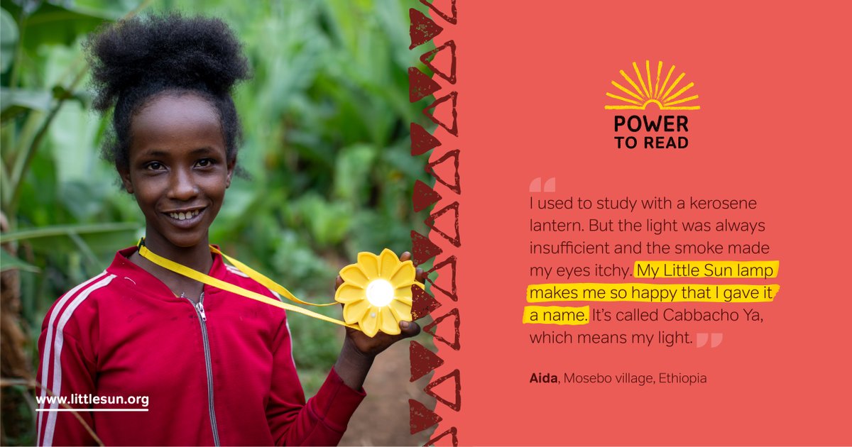 LittleSunOrg's tweet photo. “I used to study with a kerosene lantern. But the light was always insufficient and the smoke made my eyes itchy. My Little Sun lamp makes me so happy that I gave it a name. It’s called Cabbacho Ya, which means my light.”  Support our #PowerToRead campaign https://t.co/P36tXf2yD7 https://t.co/C6snGrMabW