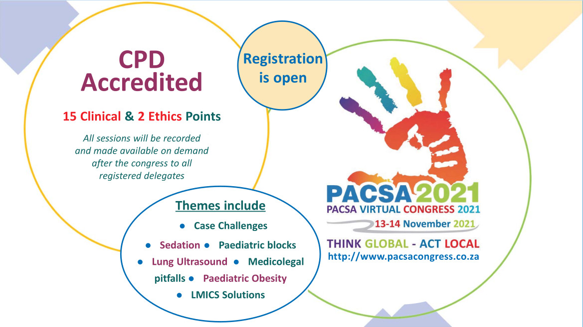 docanaesthetic's tweet photo. The Paediatric Anaesthesia Community of South Africa (PACSA) Virtual Congress 2021 takes place from 13-14 November, with a host of local &amp; international speakers. Visit https://t.co/xVMLYMinBW to register &amp; view the programme.
#PACSACongress
#Anaesthesia  
#PaediatricAnaesthesia https://t.co/Z8wzByd6Xx
