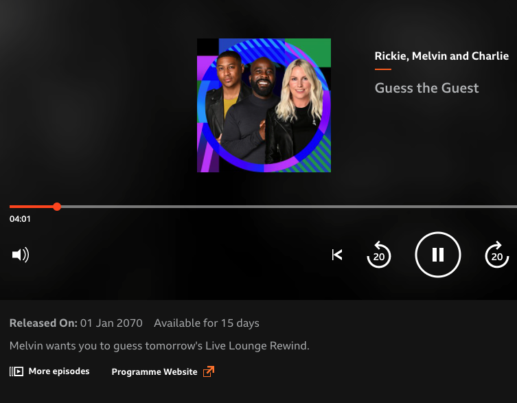 Murphy_Digital's tweet photo. @BBCR1 Any chance we can get the date change of @RickieHW, @Melvinodoom and @charliehedges "Guess the guest" show from the other day please. It keeps coming up as the latest one. Unless they've come from the future? https://t.co/h02pEwNNOp