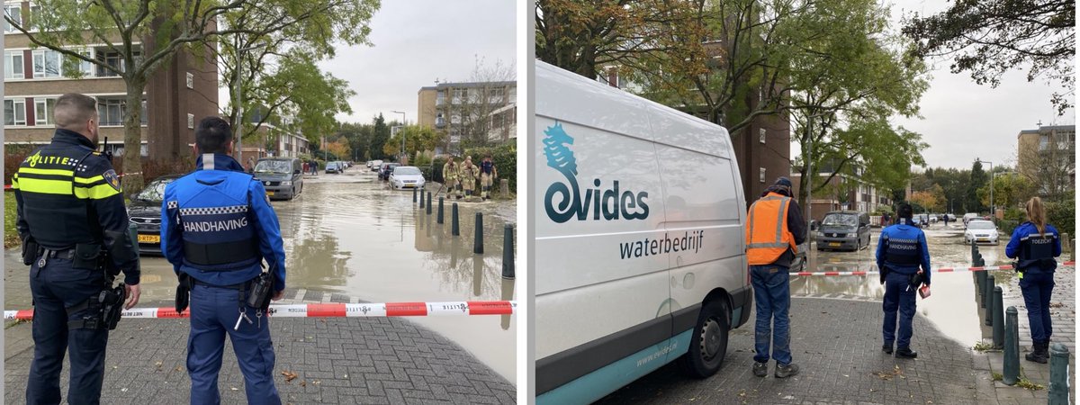 Handhaving_010's tweet photo. Wateroverlast #Moliereweg ivm een gesprongen waterleiding. De #Brandweer maakte de putten open om het water te laten zakken. Omliggende straten werden door #Politie met linten afgesloten. Waterleiding afgesloten door #Evides. Meldkamer ingeschakeld ivm eventuele zinkgaten^OS https://t.co/XrjTwULzGh