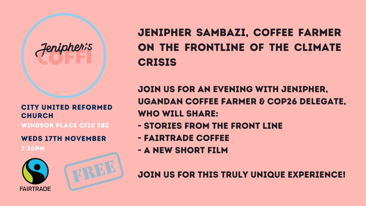 👇Join this unique opportunity to hear from Jenipher Sambazi, Ugandan coffee farmer and #COP26 delegate supplying #fairtrade coffee to Wales.☕️🇺🇬🏴󠁧󠁢󠁷󠁬󠁳󠁿⚖️
👉eventbrite.co.uk/e/a-story-of-a…
#ClimateJustice <a href="/CardiffCOP26/">Climate Justice Coalition Cymru</a> #Cardiff #CardiffCoffee @Fairdoscardiff