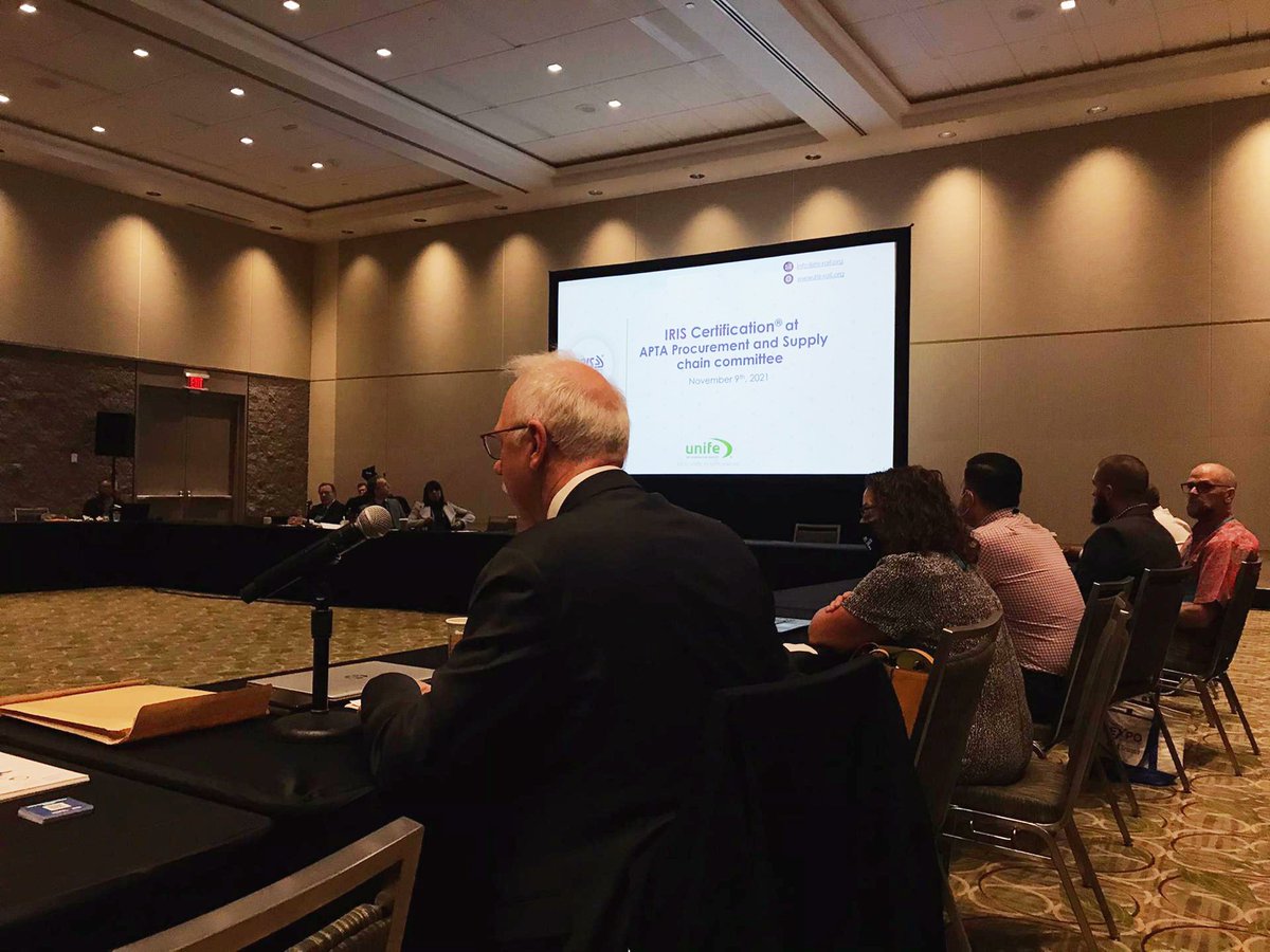 TheIRQB's tweet photo. Our coordinator @BernardKaufma10 is in Florida 🇺🇸for the @APTA_Transit #TRANSform giving a presentation to its Procurement and Supply Committee on the benefits of #IRISCertification.
If you're in Orlando, make sure to join the #IRISCertification Reception & Workshop tonight! https://t.co/i53zB0yAol