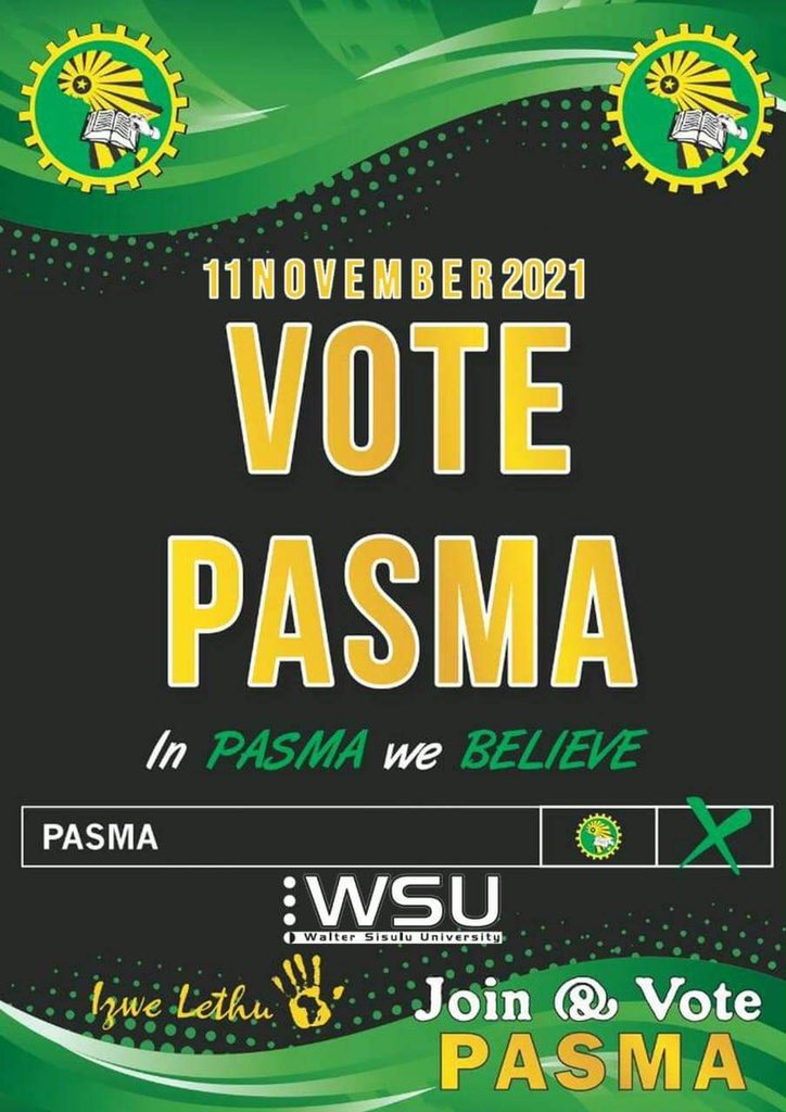 The NEC of PASMA encourages all students of WSU to VOTE for the only progressive student vanguard and spokesperson of students (PASMA)

The NEC also wishes the capable leadership as deployed by PASMA all the best in these elections, courage to you ma Guerrilla ka Mlambo 💚✋🏽