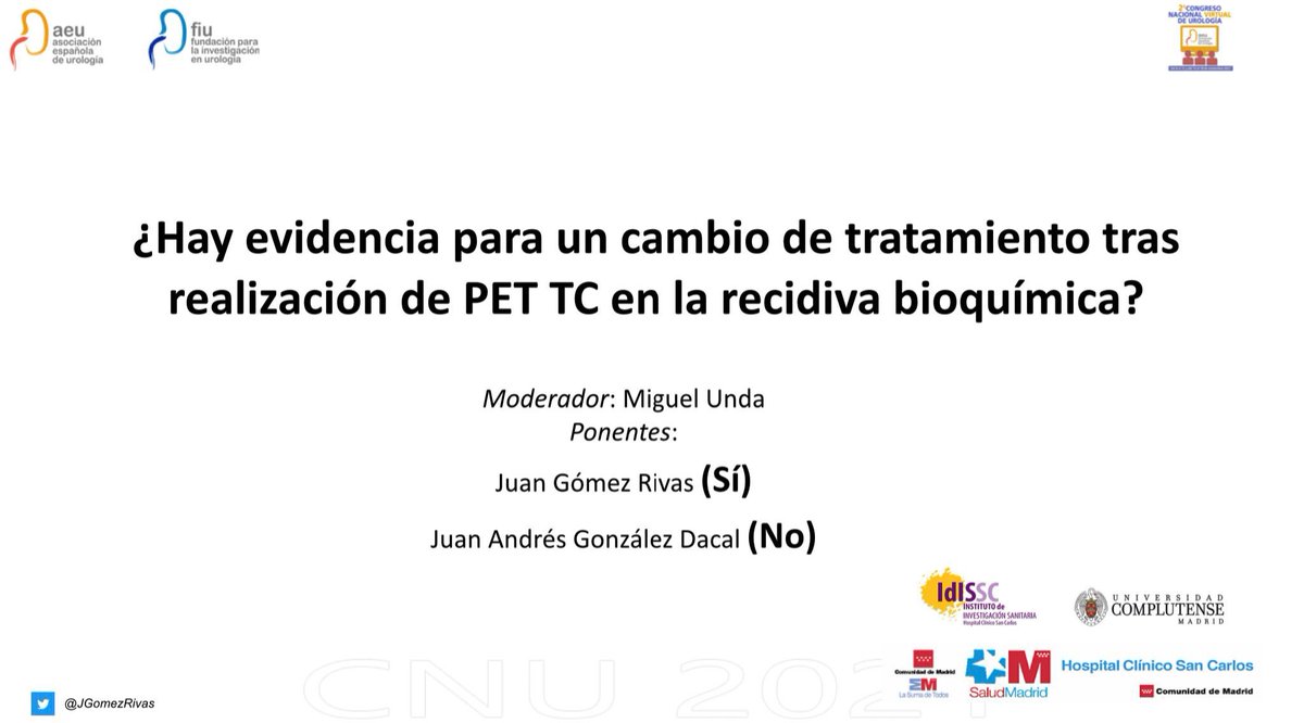 DoctorAbad's tweet photo. @UrologiaClinico @JGomezRivas @JesusMorenosier @Lufolkus @juliomayol @ResidentesAEU @iClinicoMadrid @IIS_IdISSC @OncomedHCSC @NuclearMadrid @GUOaeu Hoy estaremos atentos al combate dialéctico de nuestro púgil @JGomezRivas defendiendo los positrones.
Con @CarrerasDelgado y @NuclearMadrid tenemos el mejor #TeamPET posible.
#AEU21 #SomosClinico https://t.co/rauLMoVL26