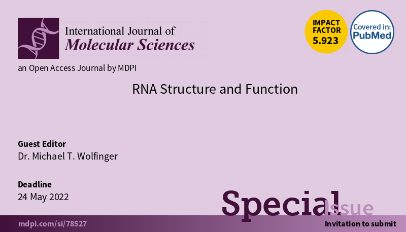 mtwolfinger's tweet photo. I would like to remind you of the "RNA Structure and Function" Special Issue that I am guest-editing for the International Journal of Molecular Sciences @IJMS_MDPI. In this Special Issue, we would like to bring together experimental and theoretical work in #RNA #biology https://t.co/T5D7JkBnJm