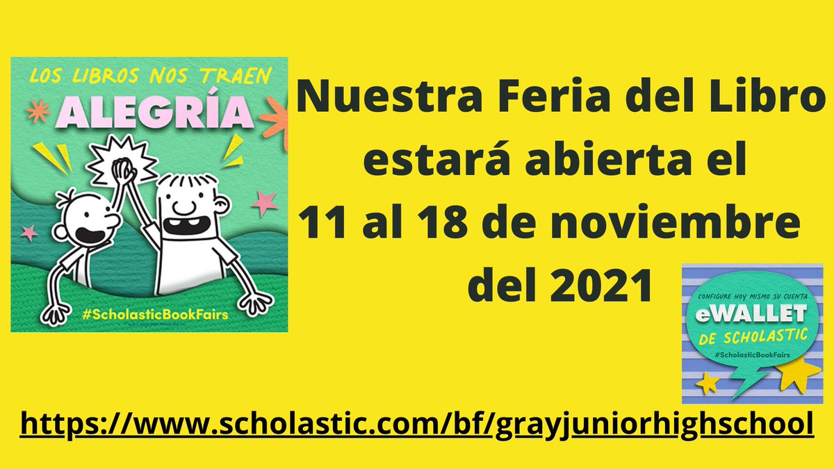Our Scholastic Book Fair will be open November 11 - 18, 2021.  Set up an eWallet for your child by visiting our book fair website!
scholastic.com/bf/grayjuniorh…