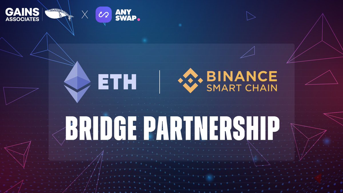 GainsAssociates's tweet photo. $GAINS is now available on the #BSC, thanks to a #partnership with @AnyswapNetwork! 🚀🔥

👉 Bridge Link: https://t.co/0D64nyS2Ty

🔸 Buy BEP20 $GAINS on #PancakeSwap: https://t.co/KUM0DYXpwF

🔹 Buy ERC20 $GAINS on #Uniswap: https://t.co/TlDQmP9oIJ https://t.co/vNT2jfjQOY