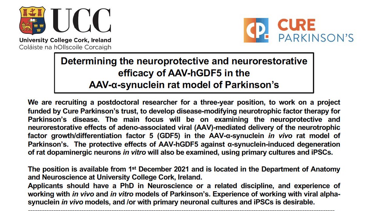 ASNeuro's tweet photo. We are recruiting! Post-doc position funded by @CureParkinsonsT in our group in @AnatNeuroUCC Cork on 'AAV-GDF5 therapy in AAV-Alpha-Synuclein in vivo model of Parkinsons' #NeurotrophicFactorTherapy for #Parkinsons #NECTAR2021 @OKeeffe_GW @MedHealthSciUCC @UCCMedHealth https://t.co/ojMqgWmqez