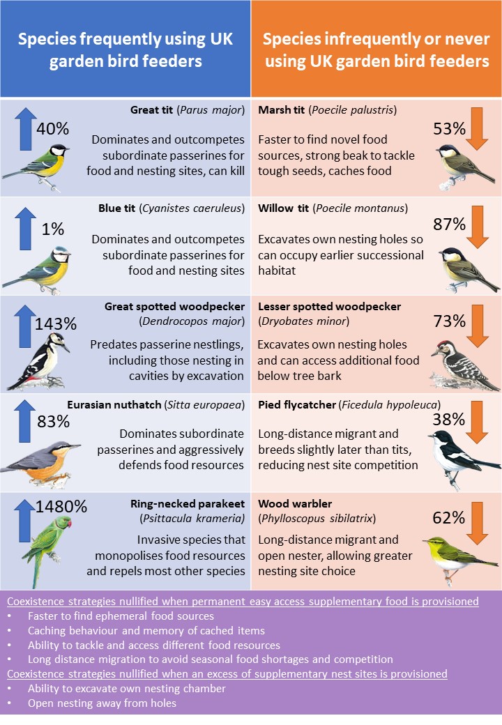 5 #BOUasm21 #Sesh5 Many UK woodland birds suffering large unexplained population declines: could feeding be contributing? Many of these species have strategies to cope with dominant competitors that are nullified by bird feeding and nestboxes, which benefit adaptable generalists.