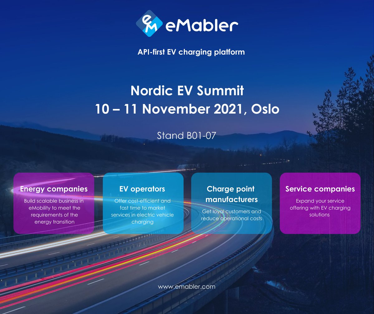 Looking forward to welcoming you at the <a href="/nordicevs/">Nordic EV Summit</a> in Oslo tomorrow. 

👉 Find us in stand B01-07

📢 We have new products to share with you!
#nordicevsummit #evcharging #evs #emabler