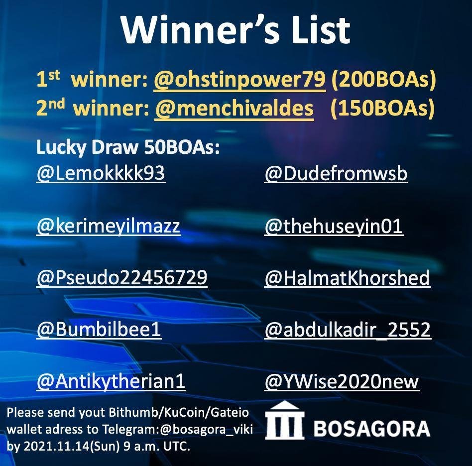 BosagoraR's tweet photo. список победителей #Airdrop AMA. Поздравляю всех вас! 🤗

Отправьте адрес кошелька Bithumb / KuCoin / https://t.co/nHjTMSCxXY и указанный ниже формат на @bosagora_viki до 11/14(SUN) 9 a.m. UTC.

Идентификатор Twitter:
Название биржи:
Адрес кошелька: https://t.co/JZ4sw9ZwIJ