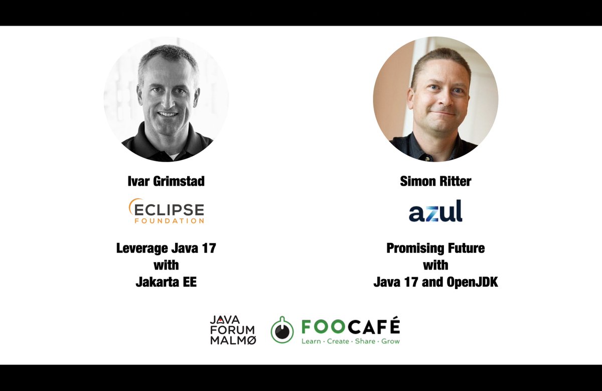 Javaforum Malmö (@javaforum) on Twitter photo Join our event next Tuesday with <a href="/speakjava/">Simon Ritter</a> from <a href="/AzulSystems/">Azul</a> and <a href="/ivar_grimstad/">Ivar Grimstad</a> from <a href="/EclipseFdn/">Eclipse Foundation</a>!
Topics are <a href="/java/">Java</a>, <a href="/JakartaEE/">Jakarta EE</a>, <a href="/OpenJDK/">OpenJDK</a>, <a href="/adoptium/">Eclipse Adoptium</a>, and more…
Hosted by <a href="/_FooCafe_/">Foo Café</a>
meetup.com/Javaforum-Malm…
#Java
#JakartaEE
#Community
#MovedbyJava Join our event next Tuesday with <a href="/speakjava/">Simon Ritter</a> from <a href="/AzulSystems/">Azul</a> and <a href="/ivar_grimstad/">Ivar Grimstad</a> from <a href="/EclipseFdn/">Eclipse Foundation</a>!
Topics are <a href="/java/">Java</a>, <a href="/JakartaEE/">Jakarta EE</a>, <a href="/OpenJDK/">OpenJDK</a>, <a href="/adoptium/">Eclipse Adoptium</a>, and more…
Hosted by <a href="/_FooCafe_/">Foo Café</a>
meetup.com/Javaforum-Malm…
#Java
#JakartaEE
#Community
#MovedbyJava