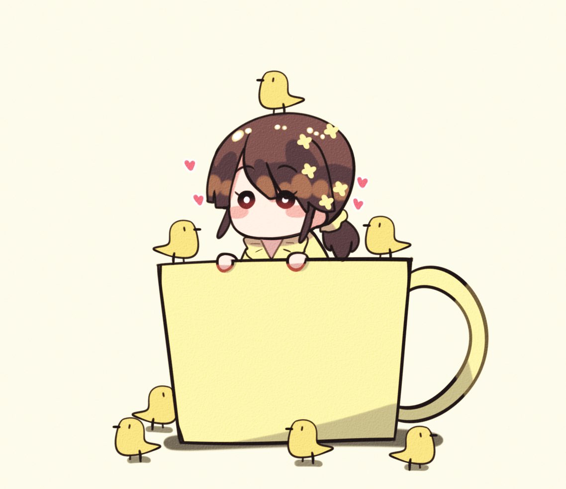 1girl bird heart brown hair in container in cup cup  illustration images