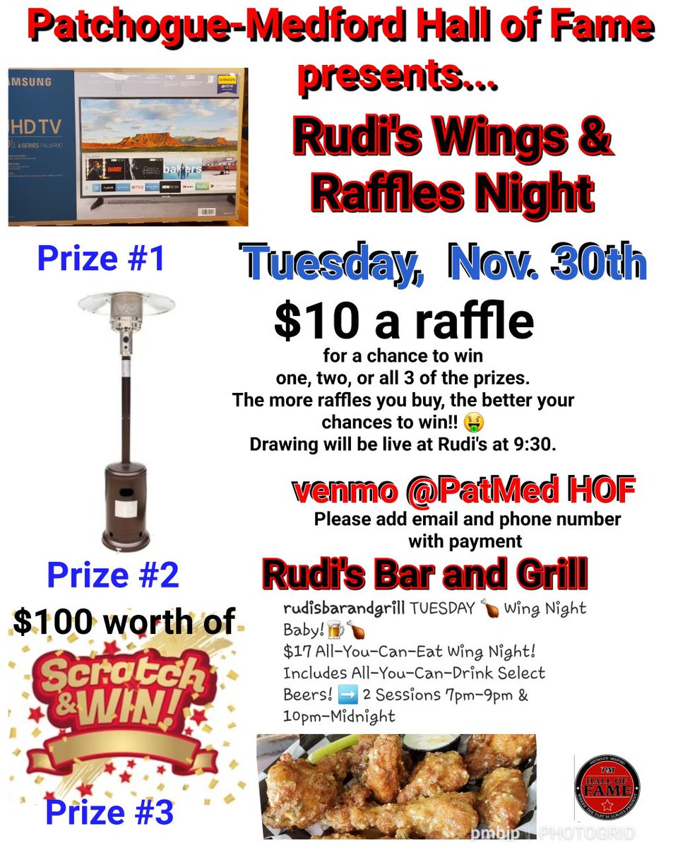 𝐄𝐧𝐭𝐞𝐫 𝐟𝐨𝐫 𝐲𝐨𝐮𝐫 𝐜𝐡𝐚𝐧𝐜𝐞 𝐭𝐨 𝐖𝐈𝐍 𝐰𝐢𝐭𝐡 𝐭𝐡𝐞 𝐏𝐚𝐭-𝐌𝐞𝐝 𝐇𝐚𝐥𝐥 𝐨𝐟 𝐅𝐚𝐦𝐞, 𝐚𝐧𝐝 𝐨𝐮𝐫 𝐑𝐔𝐃𝐈´𝐒 𝐖𝐈𝐍𝐆-𝐍𝐈𝐆𝐇𝐓 𝐅𝐮𝐧𝐝𝐫𝐚𝐢𝐬𝐞𝐫!! 🔴⚫️

Tickets for our prizes are o͟n͟ s͟a͟l͟e͟ N͟O͟W͟ for only $10 each!  
(See flyer for details)