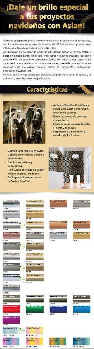 ¡Dale un brillo especial a tus proyectos navideños con Aslan!⭐✨⭐
Nuestros escaparates pronto volverán a brillar con el esplendor de la Navidad, con los materiales especiales de la serie MetalEffect de ASLAN Selbstklebefolien GmbH podrás crear diferentes y llamativos diseños.