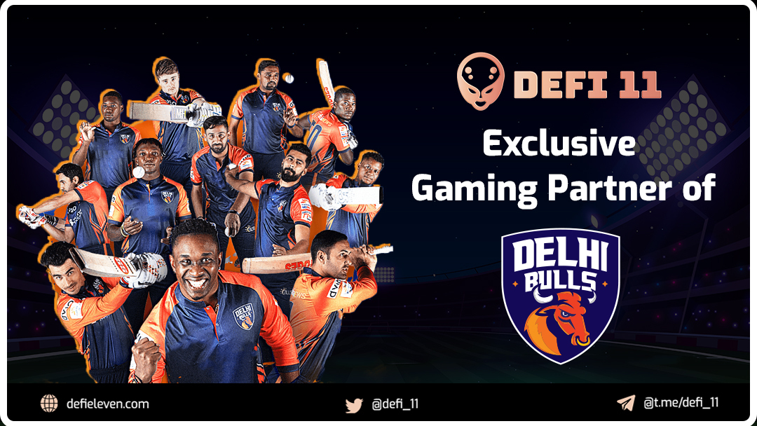 VulcanEleven's tweet photo. 🎉DeFi11 is thrilled to be the official gaming partner of @DelhiBullsT10 for the upcoming @T10League season 5.

Get ready to charge with us! 👊
Re-imagine the BLOCKCHAIN GAMING EXPERIENCE🚀

#AbuDhabiT10 #Season5 #CricketsFastestFormat #DilSeDilli #T10 #Cricket https://t.co/U9Wy92sBcB