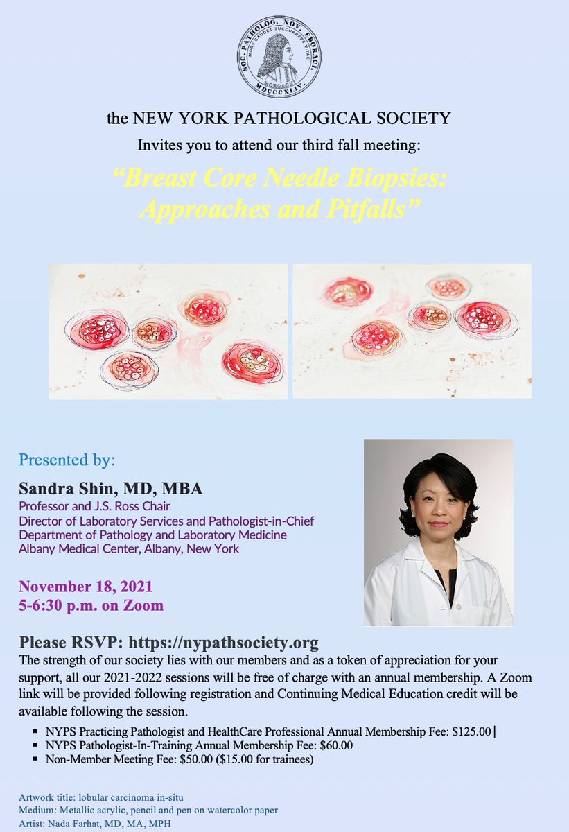 NYPathSociety's tweet photo. Please join NYPS for lecture on Breast Needle Core Biopsies by Dr. Sandra Shin. Please share the link https://t.co/ug165Ssp4k. Details and registration in the image @DrMissWV @SaeedAsiry @AkgulMd @yokoda_md @SGottesmanMD https://t.co/SDUOc62aWc