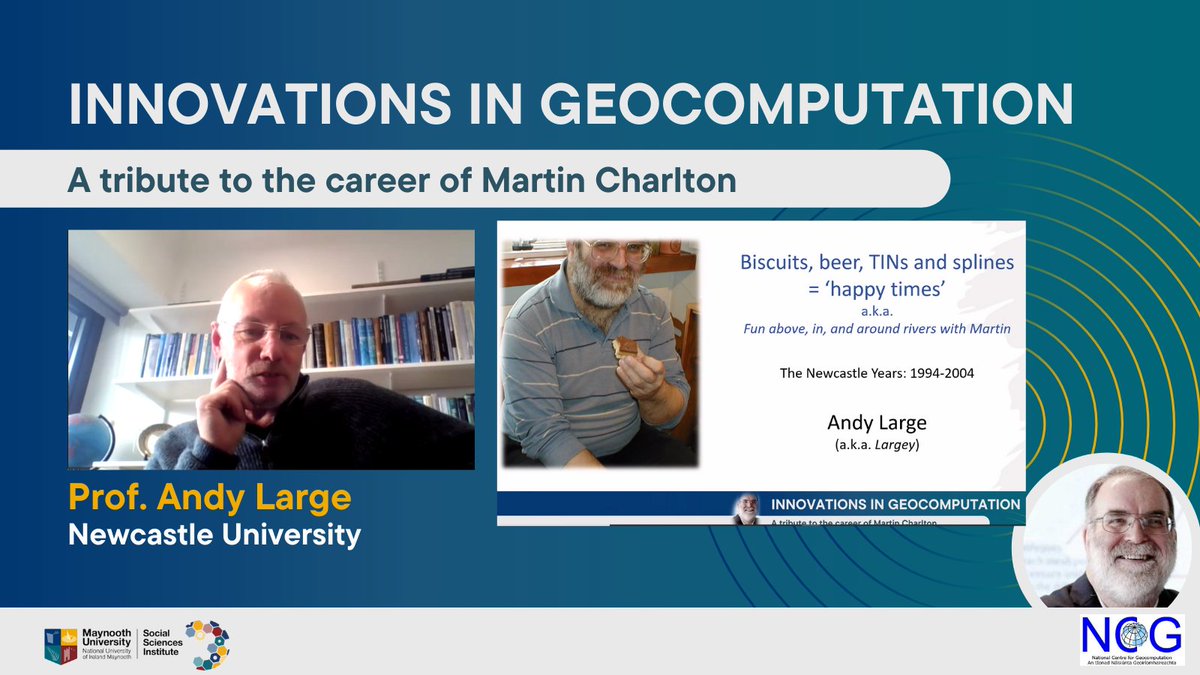 MU__SSI's tweet photo. @AndyNcl has joined us after our brief break to discuss his experience of @martin_charlton's work in both spatial analysis and Physical Geography #InnovationsInGeocomputation @Maynoothgeog https://t.co/hZ4nyJug3Q