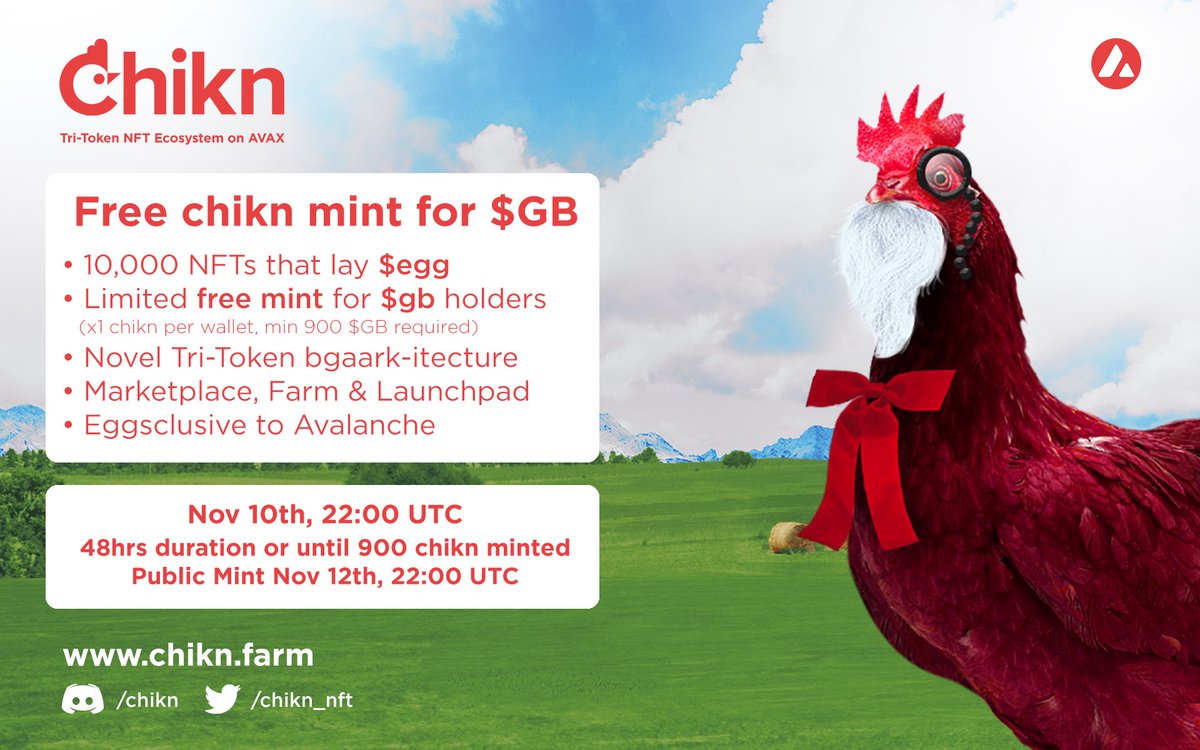 chikn_nft's tweet image. A little over 24hrs until the FREE $gb chikn #NFTGiveaway Mint. Eggsclusive to @GoodBridging #token (900+) holders. Head over to chikn.farm 🔥🐓🥚🔥
#AVAXUSDT #AVAX #Avalanche
